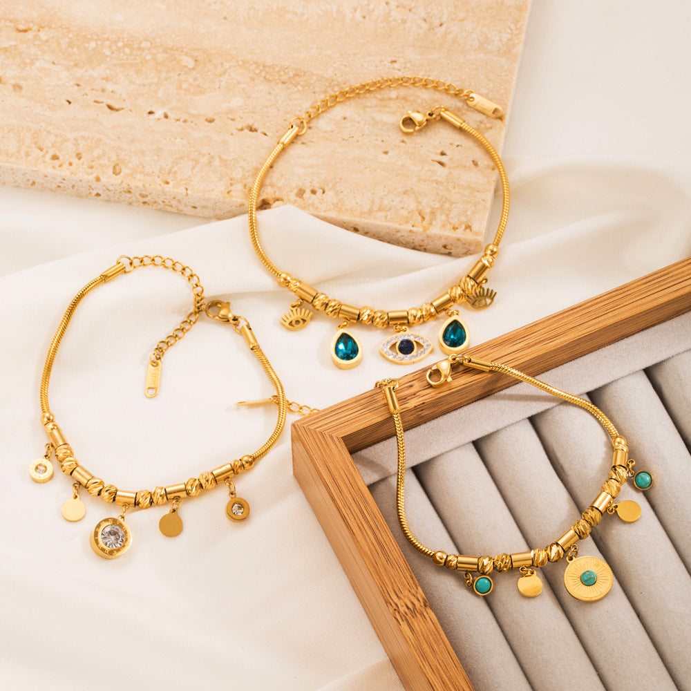 Wholesale Stainless Steel Retro Light Luxury Design Sense Devil's Eye Turquoise Glass Drill Titanium Steel Bracelet Jewelry